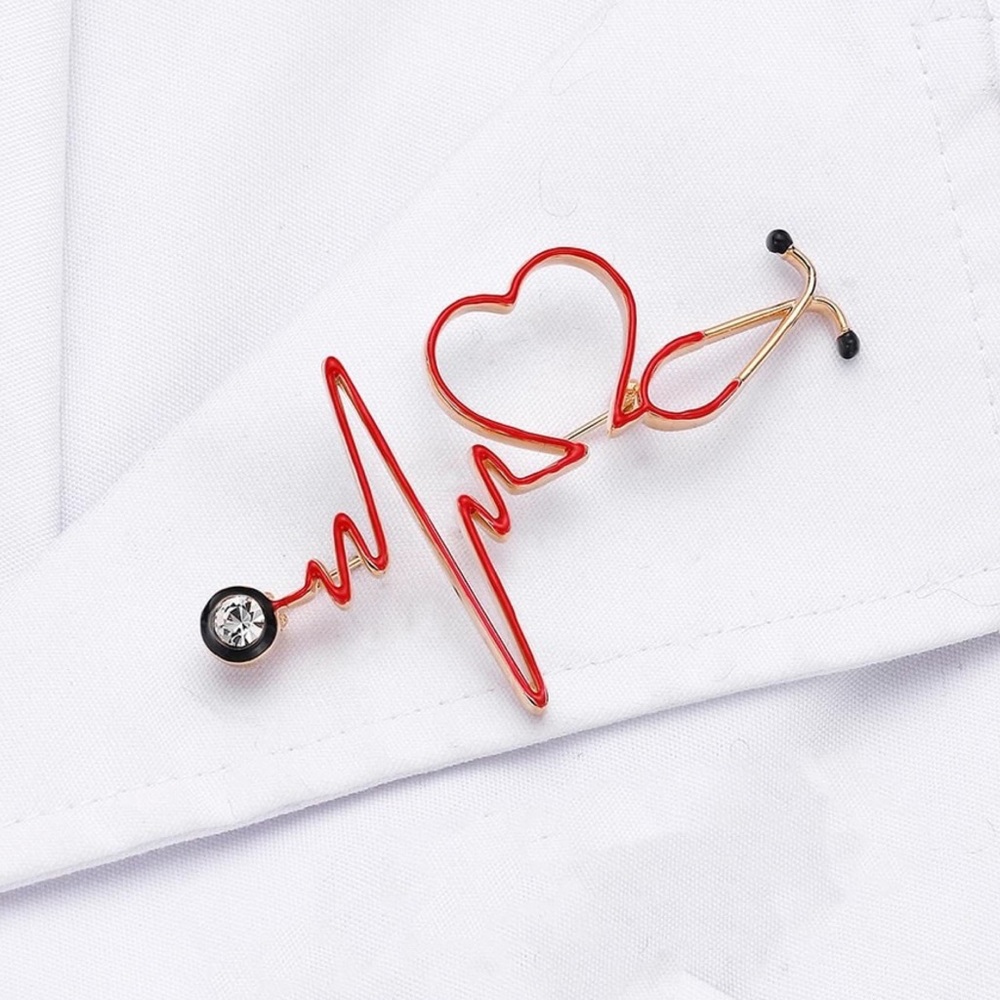 Red Heartbeat Stethoscope Brooch Lapel Pin - Picture 2 of 16